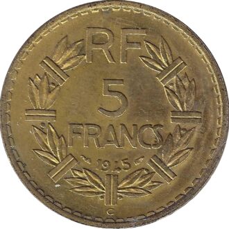 FRANCE 5 FRANCS LAVRILLIER BRONZE ALU 1945 C TTB+