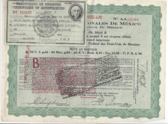 Ferrocarriles Nacionales de Mexico $2 US GOLD DOLLARS 1914 sans coupons