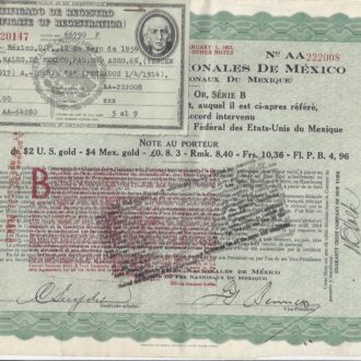 Ferrocarriles Nacionales de Mexico $2 US GOLD DOLLARS 1914 sans coupons