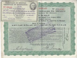 Ferrocarriles Nacionales de Mexico $2 US GOLD DOLLARS 1914 avec 7 coupons
