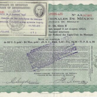 Ferrocarriles Nacionales de Mexico $2 US GOLD DOLLARS 1914 avec 7 coupons
