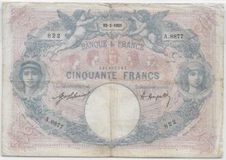 FRANCE 50 FRANCS BLEU ET ROSE SERIE A.8877 22-2-1921 TB+