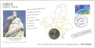 PREMIER JOUR ENVELOPPE PHILATELIQUE NUMISMATIQUE INTEGRATION A L'EURO 2 EURO GRECE 2006