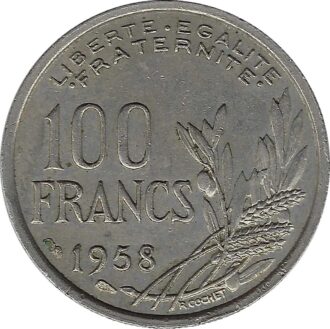 FRANCE 100 FRANCS COCHET 1958 TTB- coup sur tranche