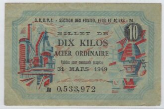 FRANCE BILLET DE 10 KILOS ACIER ORDINAIRE O.C.R.P.I. 31 MARS 1949 SERIE JM TTB N1