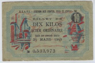 FRANCE BILLET DE 10 KILOS ACIER ORDINAIRE O.C.R.P.I. 31 MARS 1949 SERIE JM TTB N2