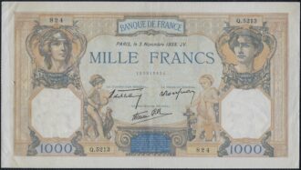 FRANCE 1000 FRANCS CERES ET MERCURE 3 NOVEMBRE 1938 Q.5213 TTB+