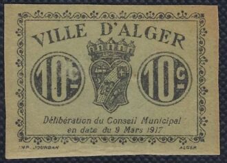 ALGERIE 10 CENTIMES VILLE D'ALGER 9 MARS 1917 CARTON VERT TTB+