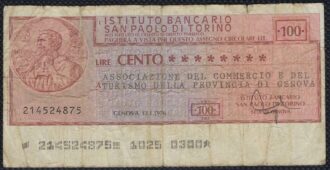 ITALIE CHEQUE DE 100 LIRE INSTITUTO BANCARIO SAN PAOLO DI TORINO 1976 TB