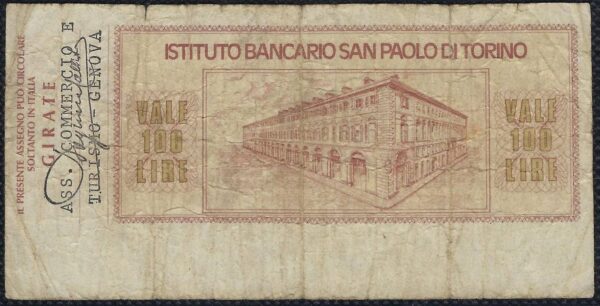 ITALIE CHEQUE DE 100 LIRE INSTITUTO BANCARIO SAN PAOLO DI TORINO 1976 TB