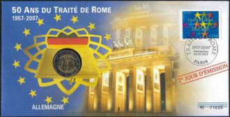 ENVELOPPE PHILATELIQUE NUMISMATIQUE 50 ANS TRAITE DE ROME 2 EURO ALLEMAGNE 2007 D